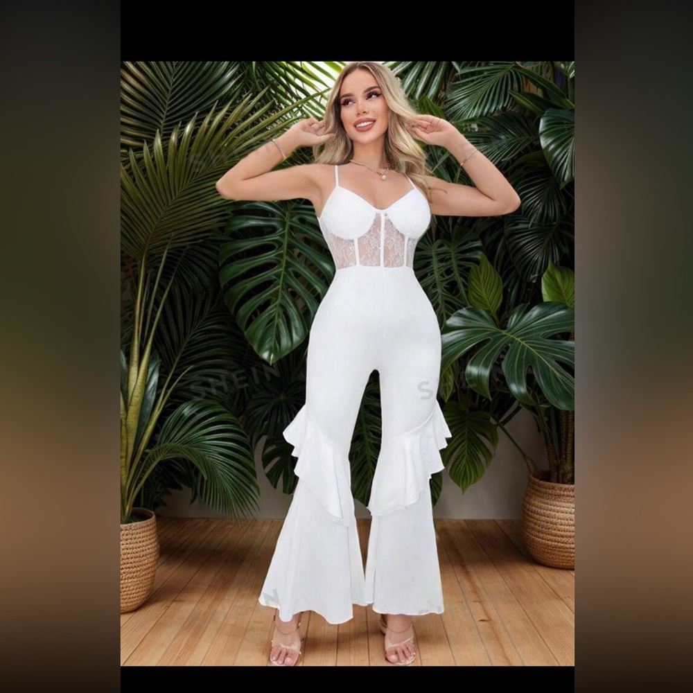SHEIN women all white lace elegant ruffle trim spaghetti strap flared jumpsuit